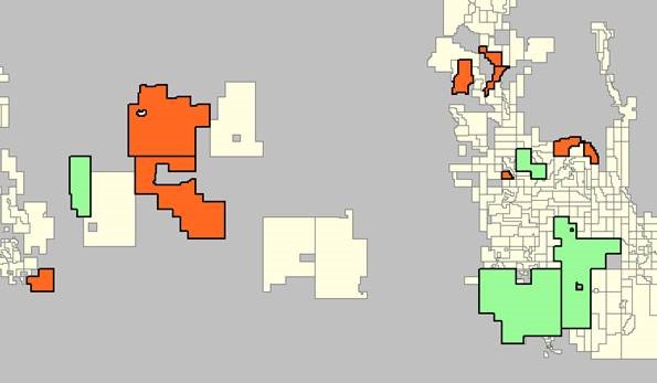 Petroleum (orange) and sequestration (green) gazettal areas in southern Queensland.