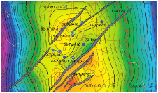 Compute a well tied depth grid with velocities from a Petrosys SDF and display as color fill grid and contours