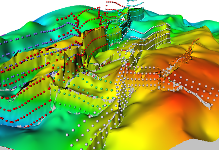 Fault stick data displayed against the associated faulted grid. The points used in various fault sticks have been saved in text files, which are displayed using a constant color and size.