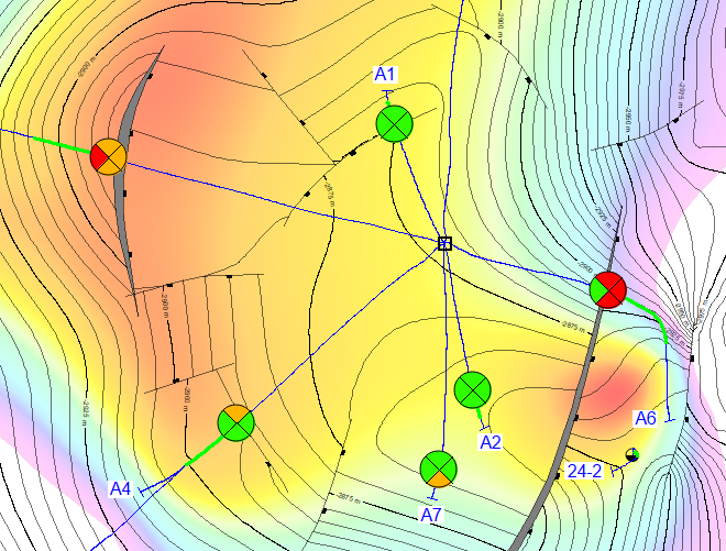 Map at the sand top location showing 4 KPIs for the producing sand.