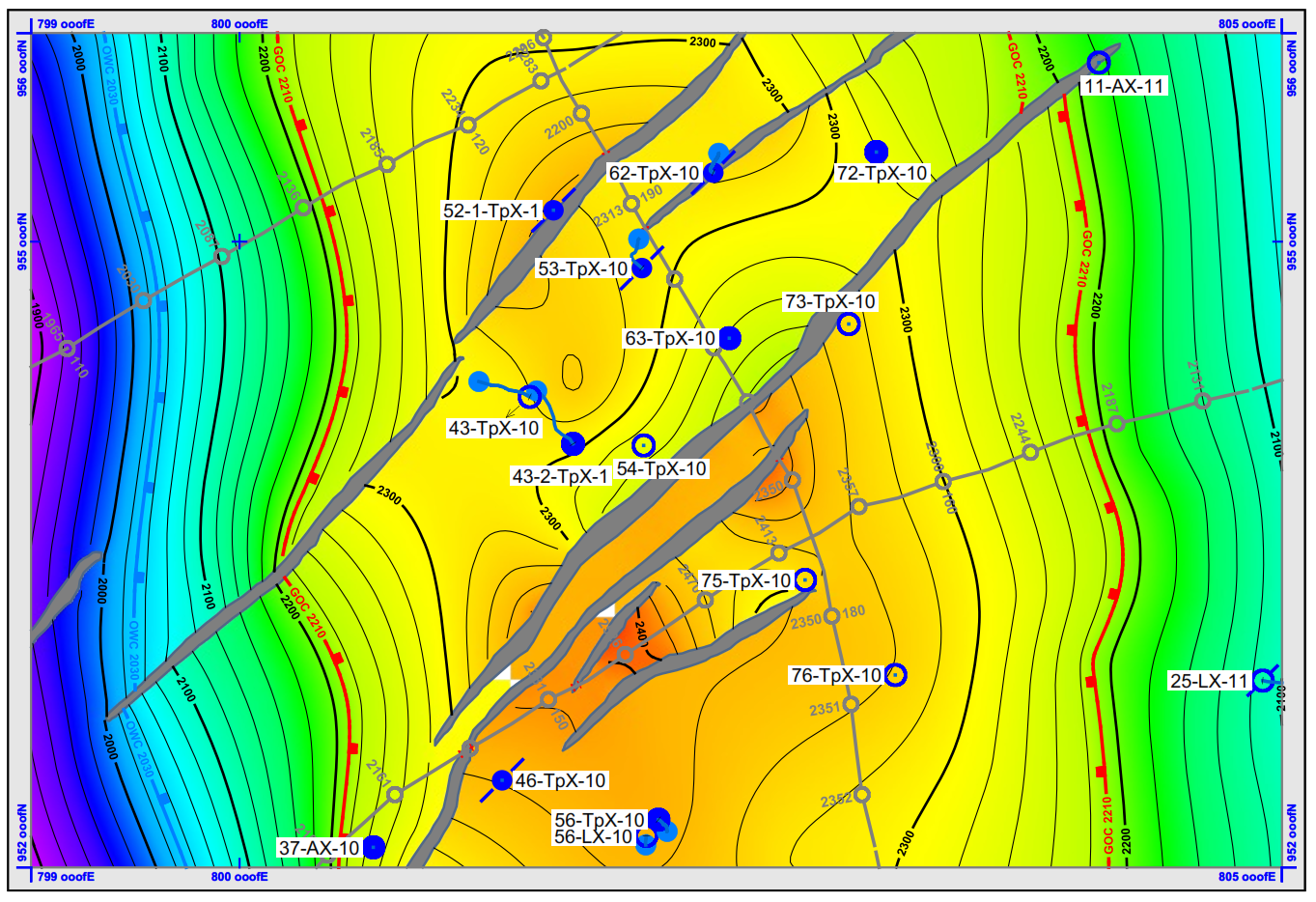 Compute a well tied depth grid with velocities from a Petrosys SDF and display as color fill grid and contours