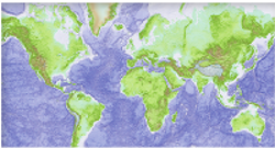 Massive grids such as this global terrain model can be automatically overlaid on local maps in alternate projections.