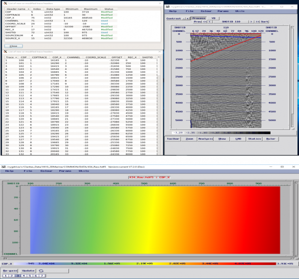 Example QC’s from Griffon – Shot gather trace headers, SV Display of shot with header overlays and AREAL display of Offsets