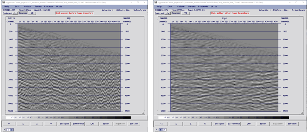 Shot gather pre and post Taup transform:-