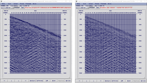 single shot gather as acquired prior to spatial resampling and again after spatial resample: