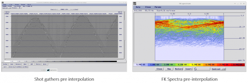 shot gathers pre interpolation and FK spectra pre-interpolation