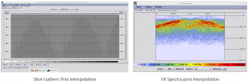 shot gathers post interpolation and FK Spectra post interpolation
